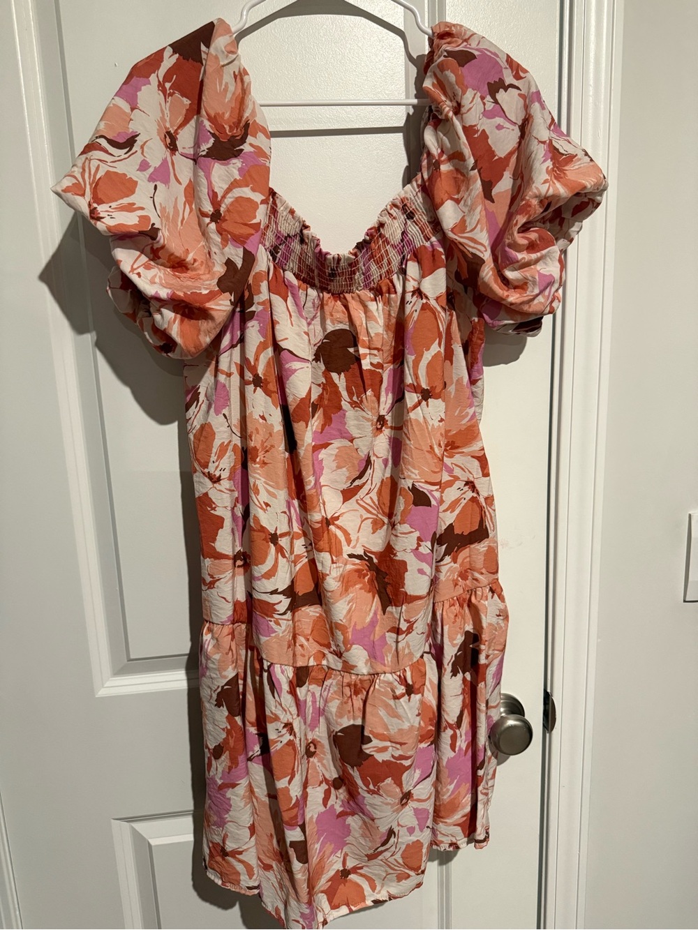Floral Puff-Sleeve Mini Dress - Pink & Orange